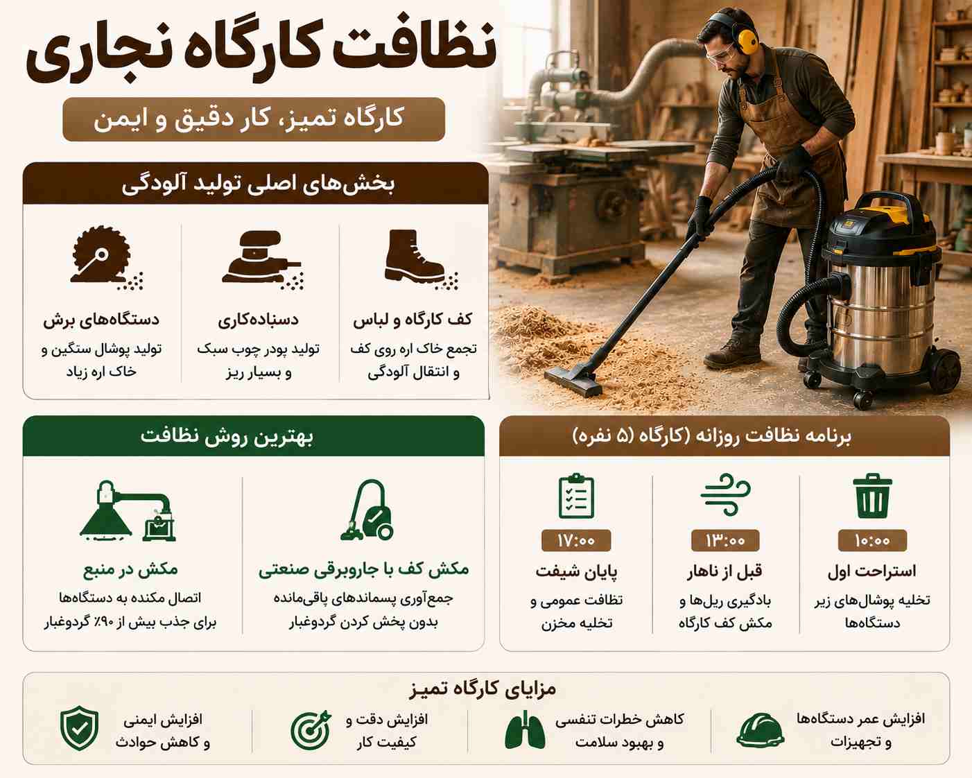 نظافت کارگاه نجاری چگونه انجام میشود؟ 1 بهترین روش نظافت کارگاه نجاری در طول روز چیست؟