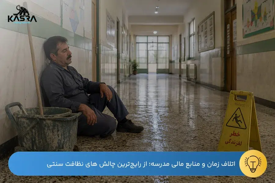 راهنمای نظافت مدارس با تجهیزات نظافتی 2 چالش های نظافت دستی مدارس: نیروی خدماتی که از تی کشیدن کف با روش های سنتی خسته شده است
